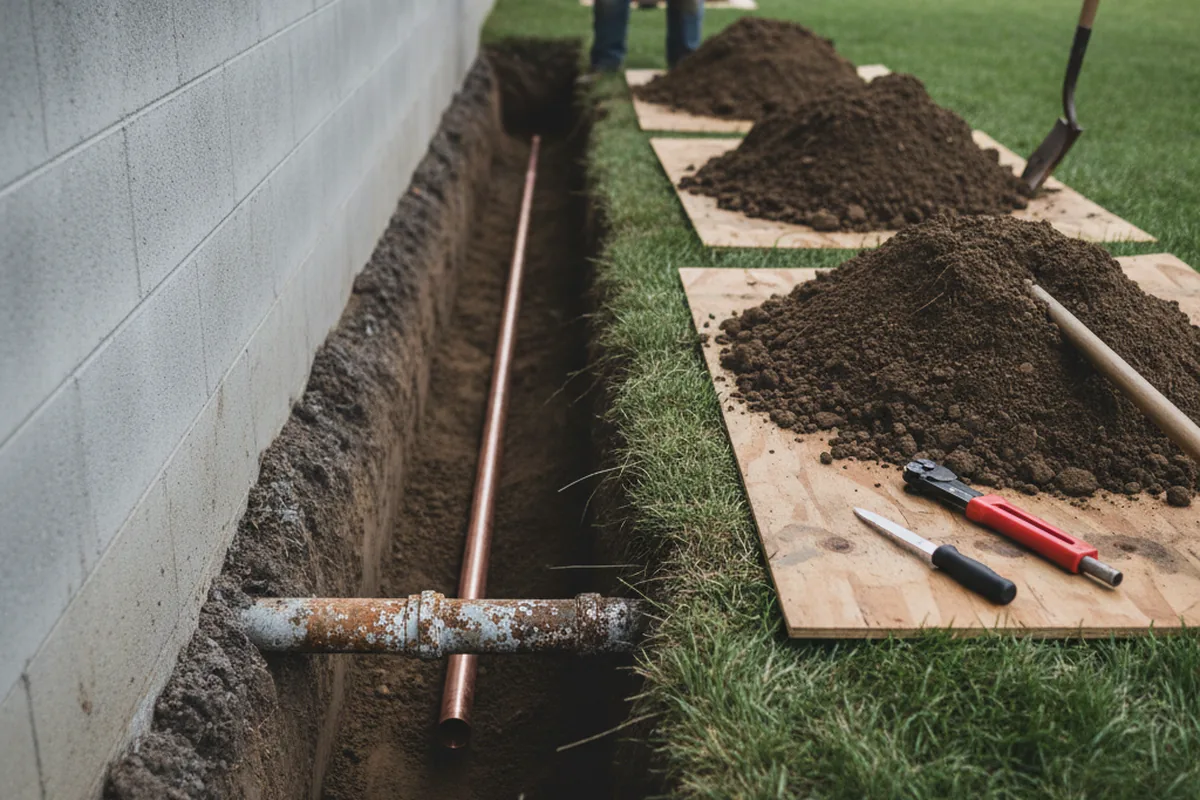 Excavated water line trench during Sewer Line Repair in Pinetops